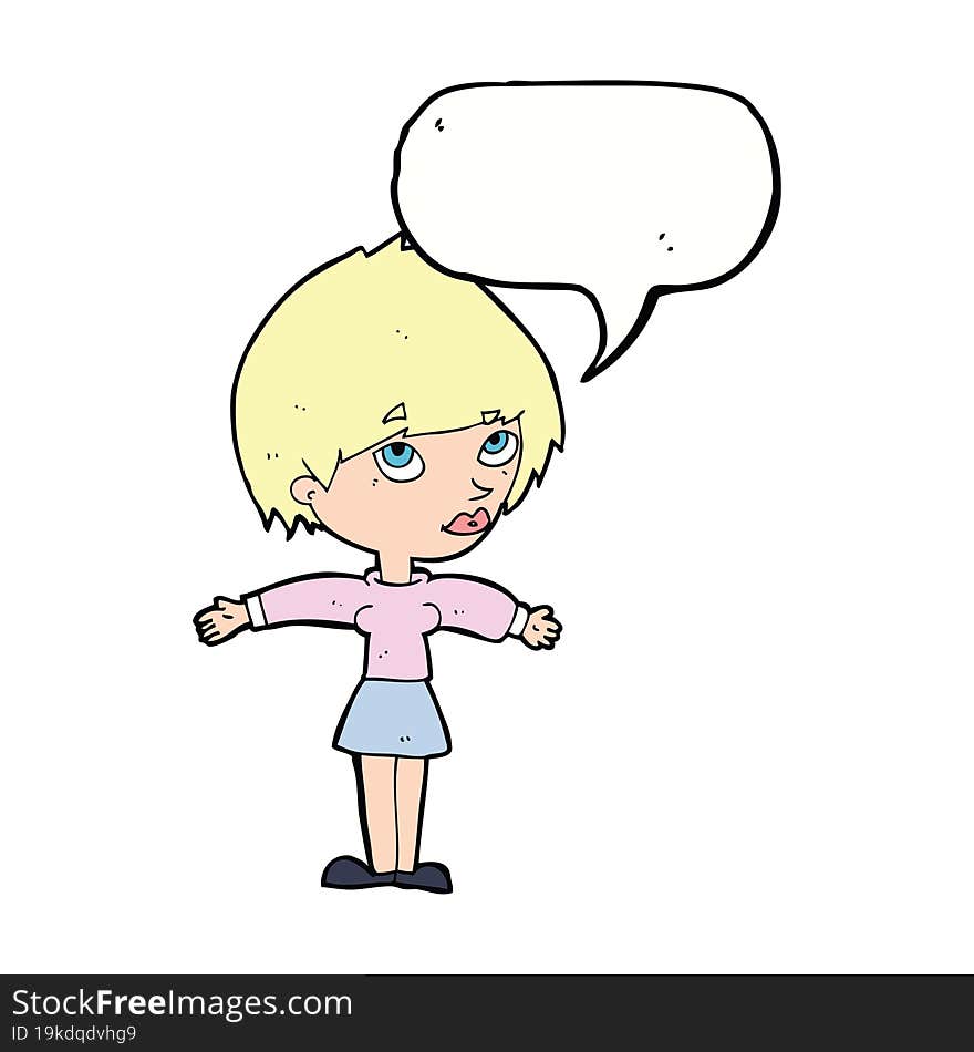 cartoon woman with open arms with speech bubble