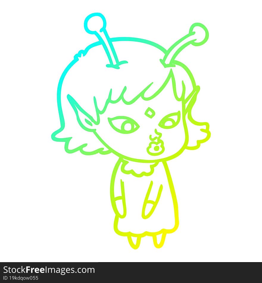 cold gradient line drawing pretty cartoon alien girl