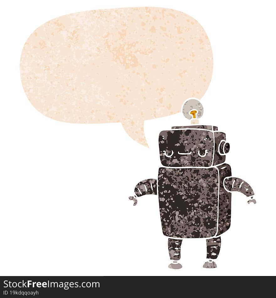 cartoon robot and speech bubble in retro textured style