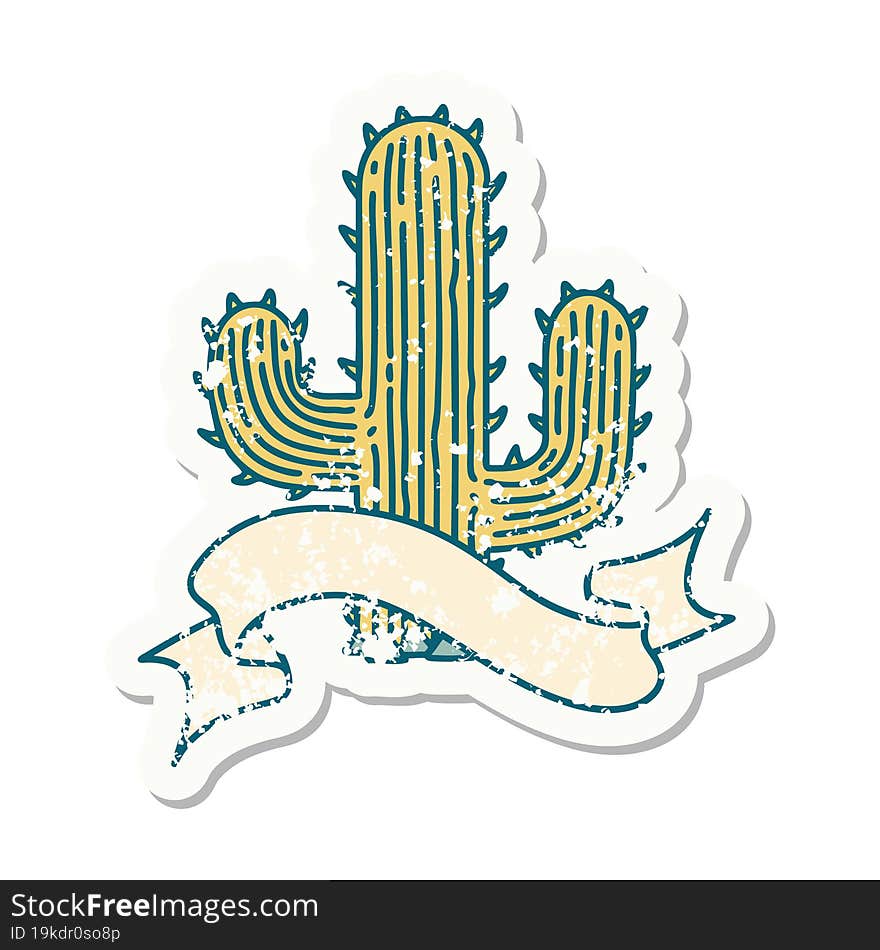 worn old sticker with banner of a cactus. worn old sticker with banner of a cactus