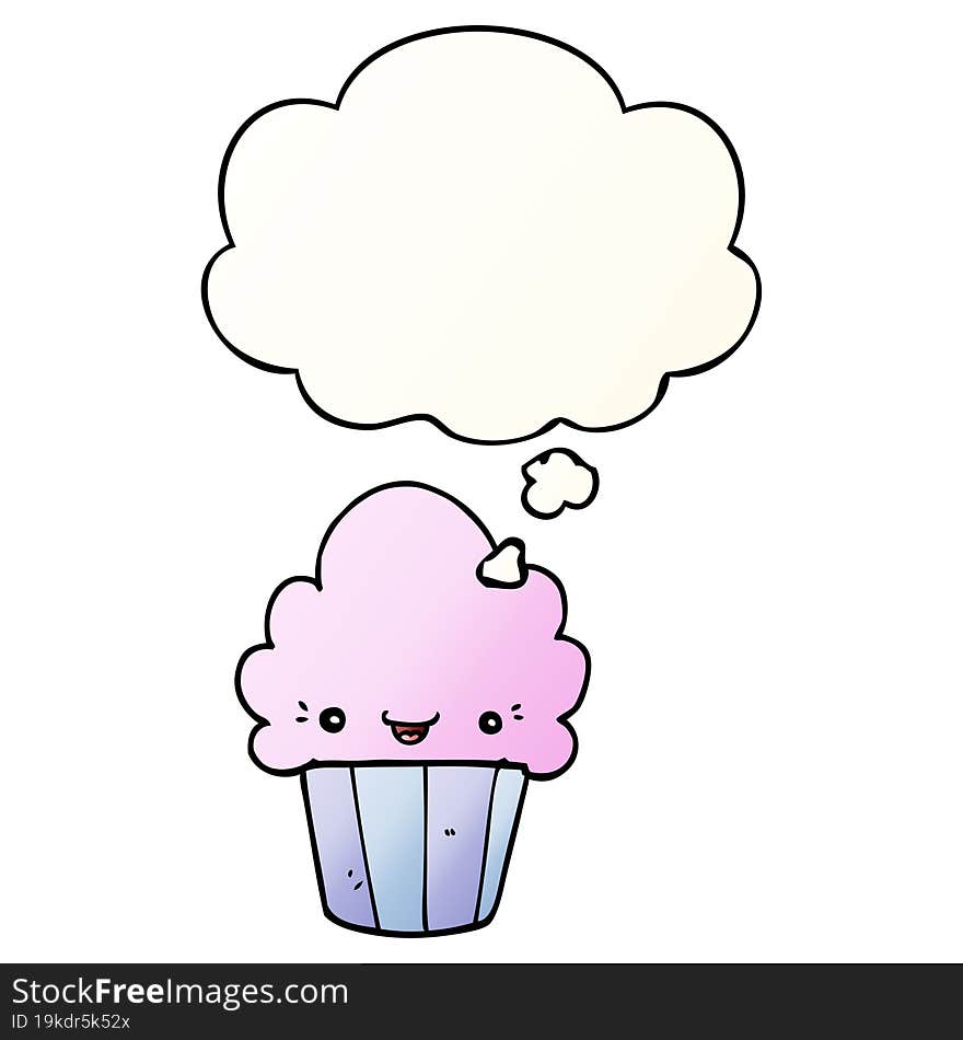 cartoon cupcake with face with thought bubble in smooth gradient style