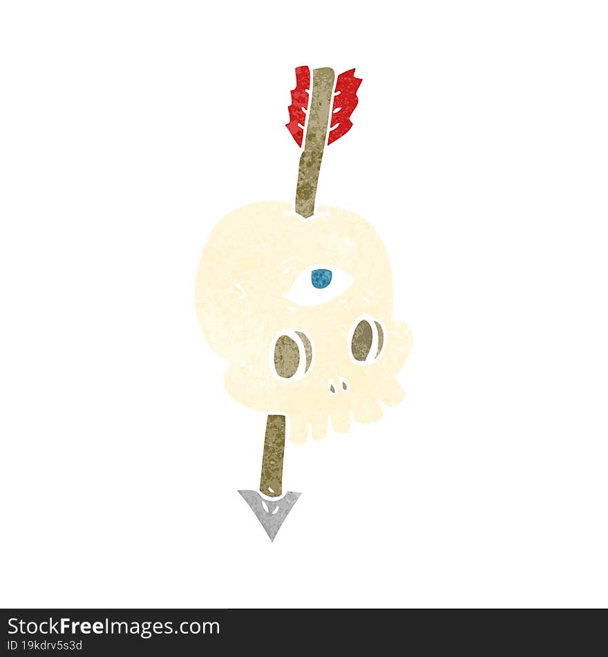 retro cartoon magic skull with arrow through brain