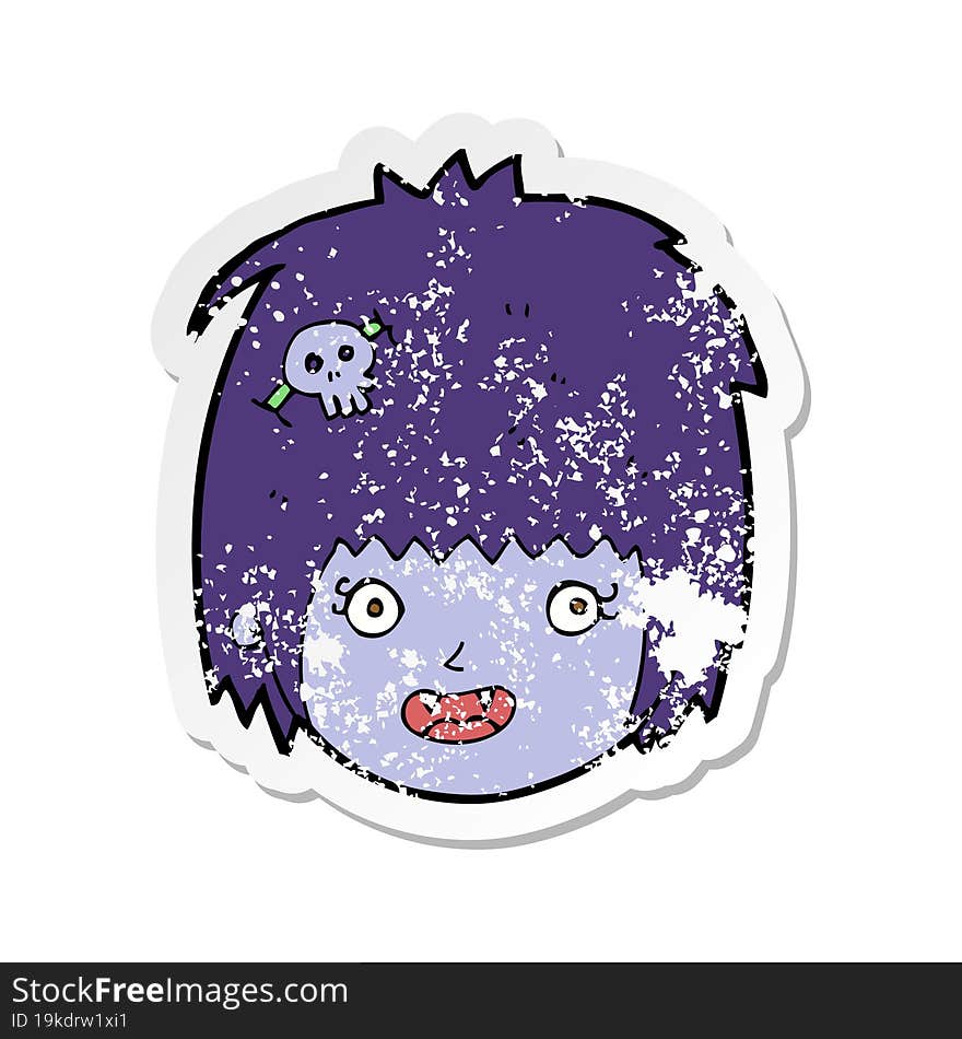 Retro Distressed Sticker Of A Cartoon Happy Vampire Girl Face