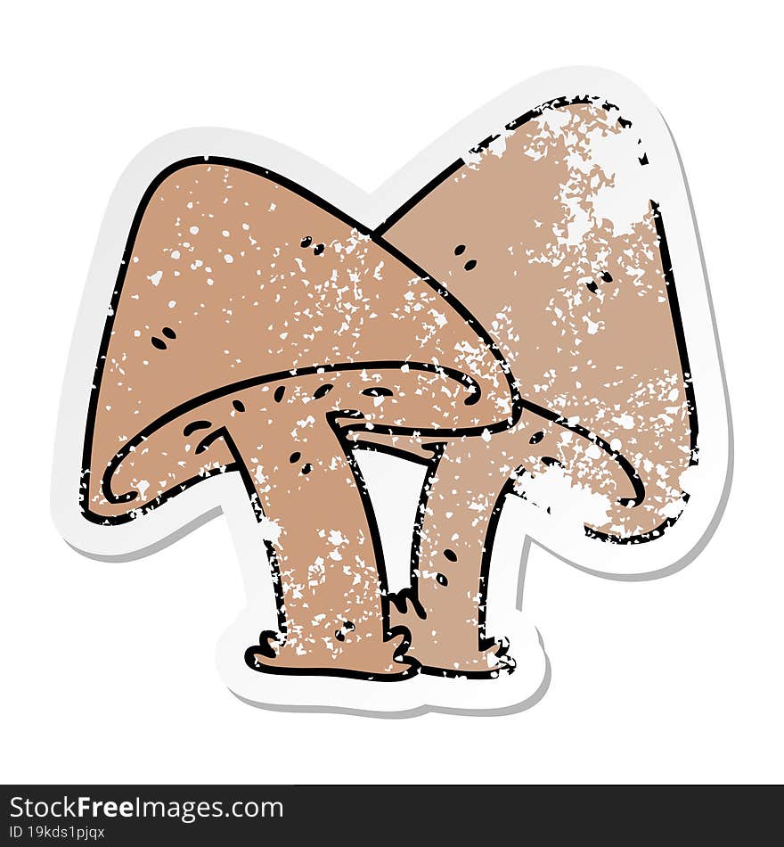 distressed sticker of a quirky hand drawn cartoon mushrooms