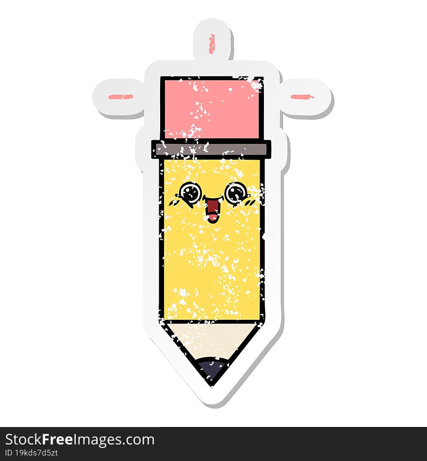 distressed sticker of a cute cartoon pencil