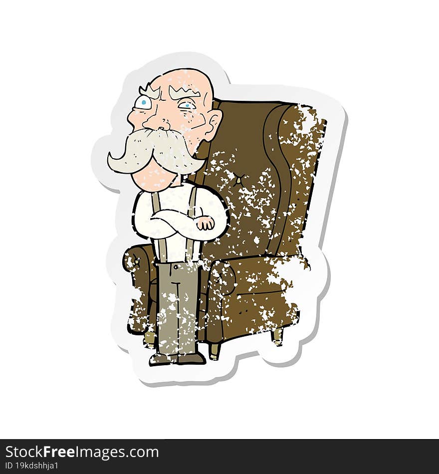 retro distressed sticker of a cartoon old man and chair