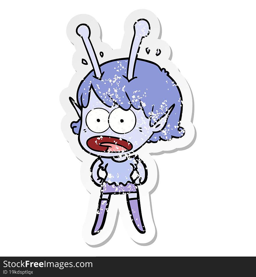 distressed sticker of a cartoon shocked alien girl