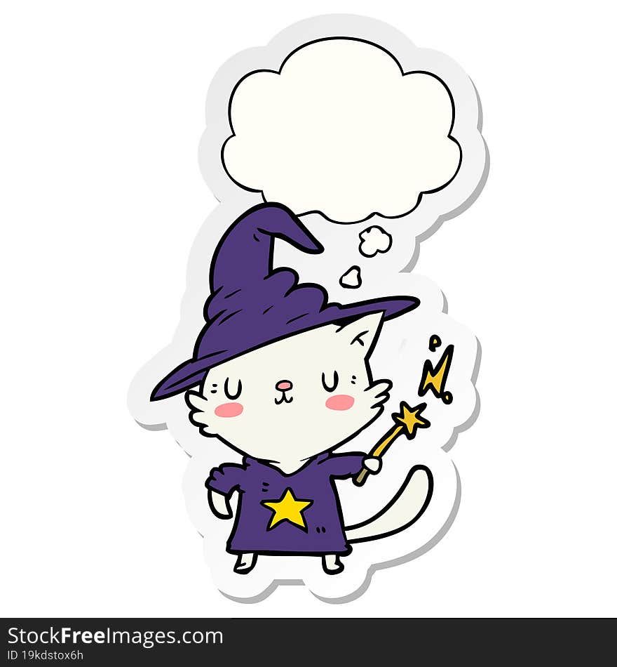 cartoon cat wizard with thought bubble as a printed sticker