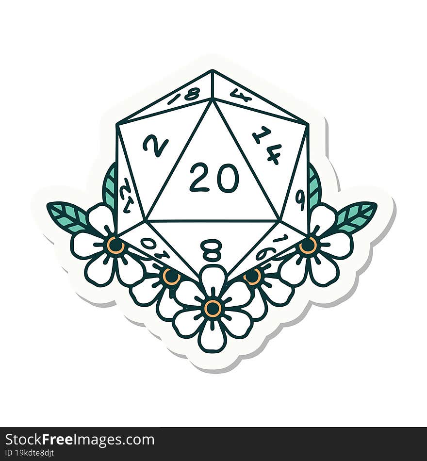 sticker of a natural 20 D20 dice roll with floral elements. sticker of a natural 20 D20 dice roll with floral elements