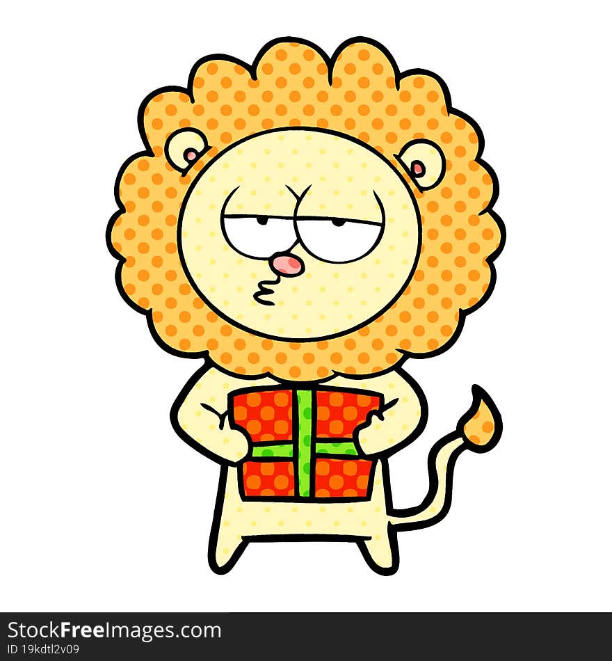 cartoon bored lion with present. cartoon bored lion with present