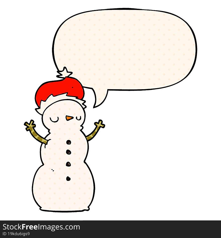 cartoon snowman and speech bubble in comic book style