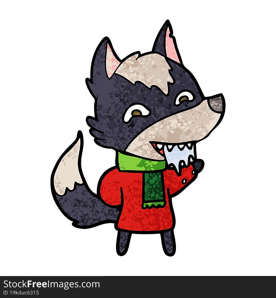 cartoon hungry wolf in winter clothes. cartoon hungry wolf in winter clothes