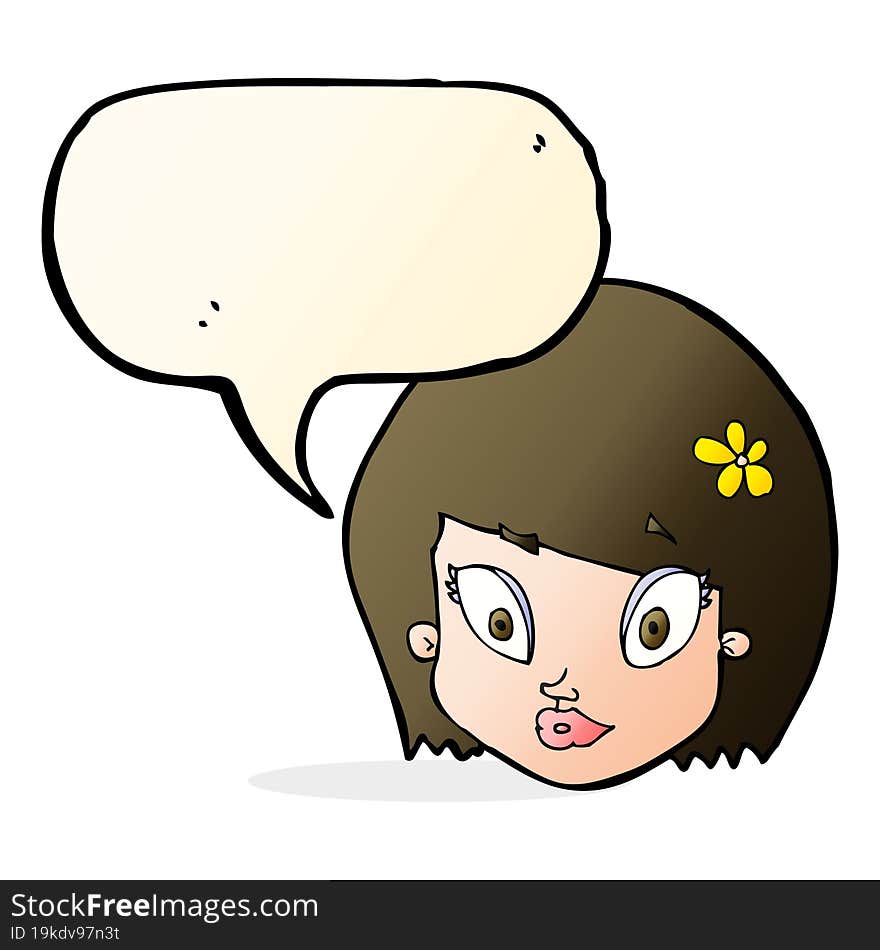 cartoon happy female face with speech bubble