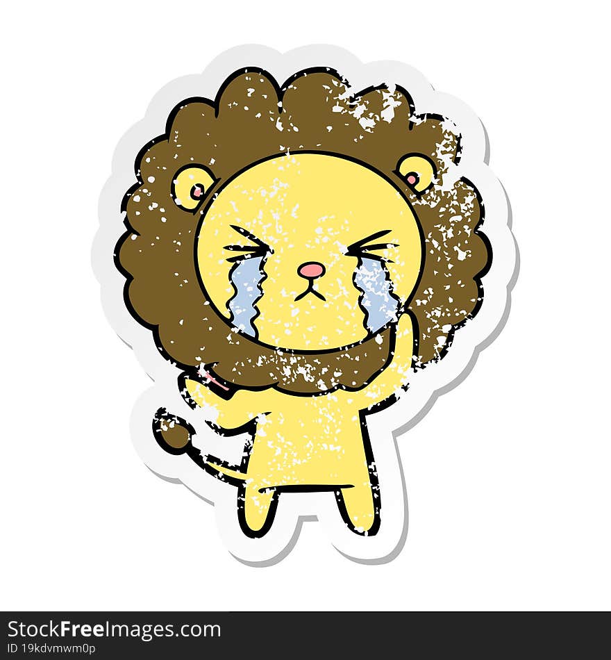 distressed sticker of a cartoon crying lion