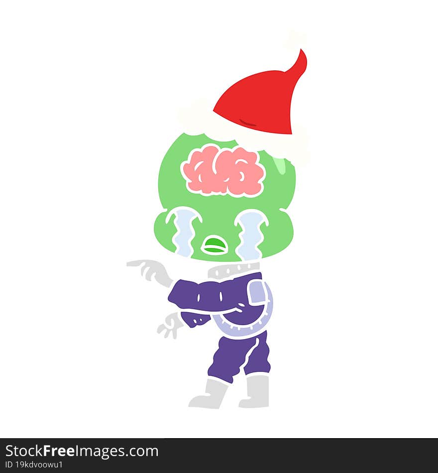 flat color illustration of a big brain alien crying and pointing wearing santa hat