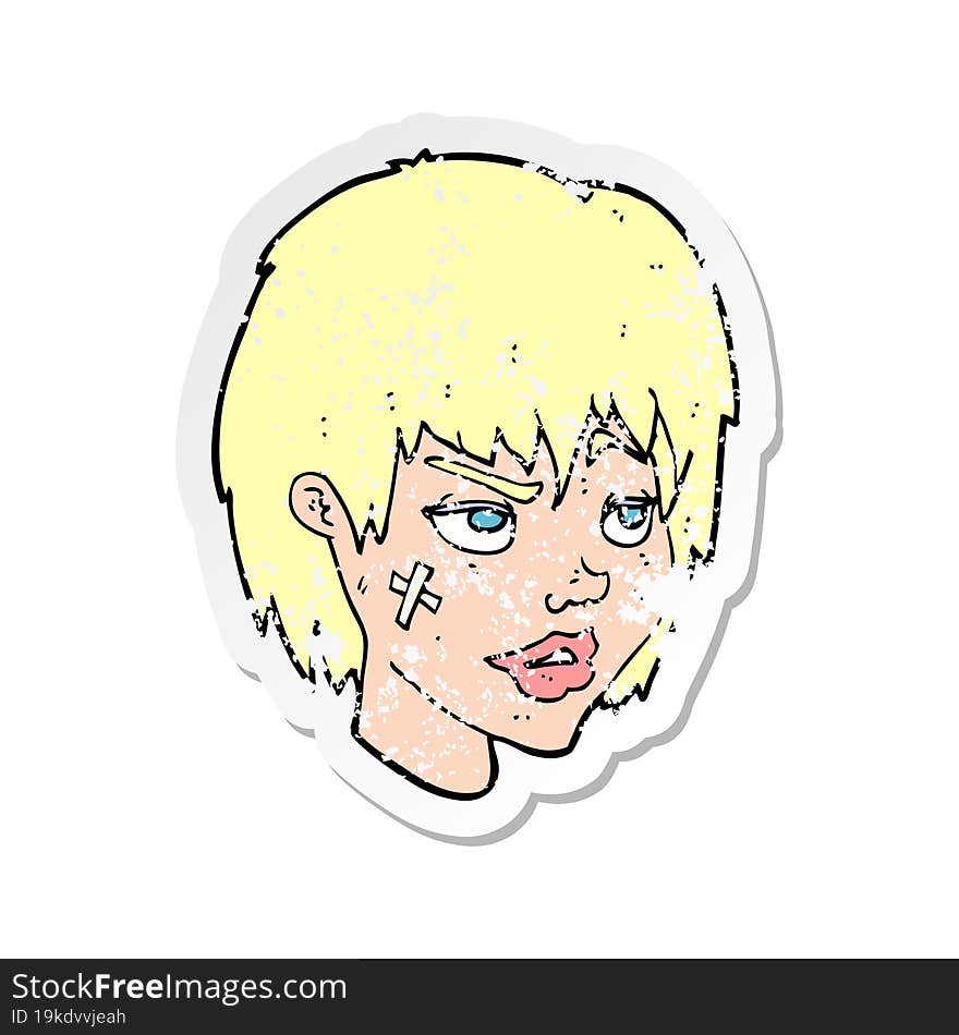 Retro Distressed Sticker Of A Cartoon Woman With Plaster On Face