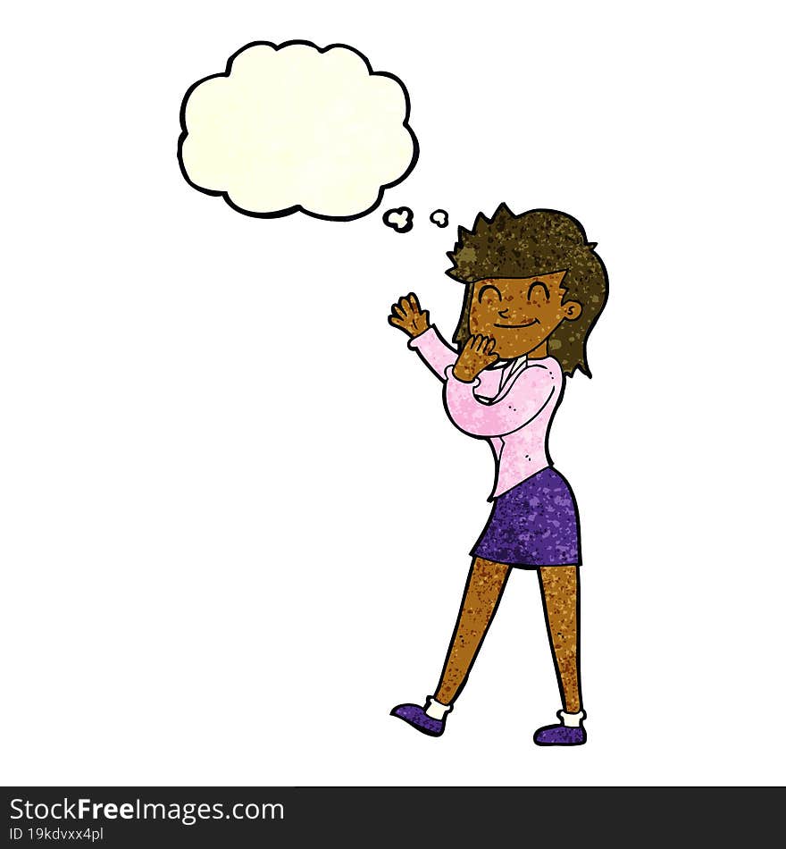 cartoon happy businesswoman with thought bubble