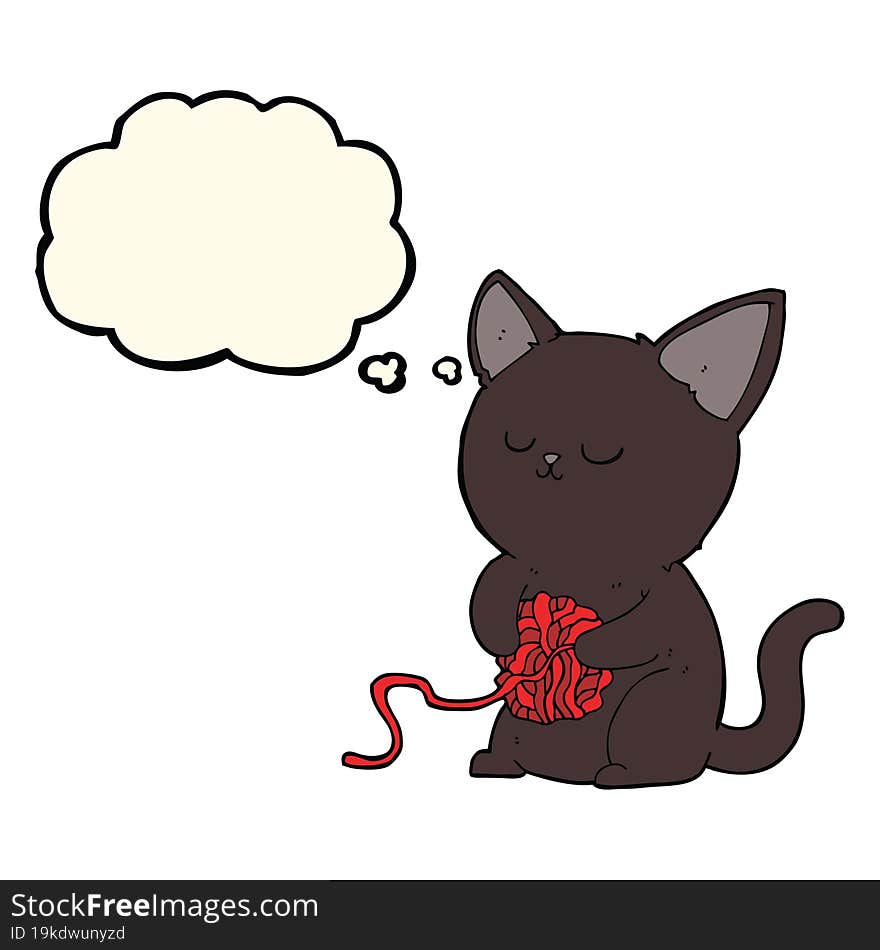 cartoon cute black cat playing with ball of yarn with thought bubble