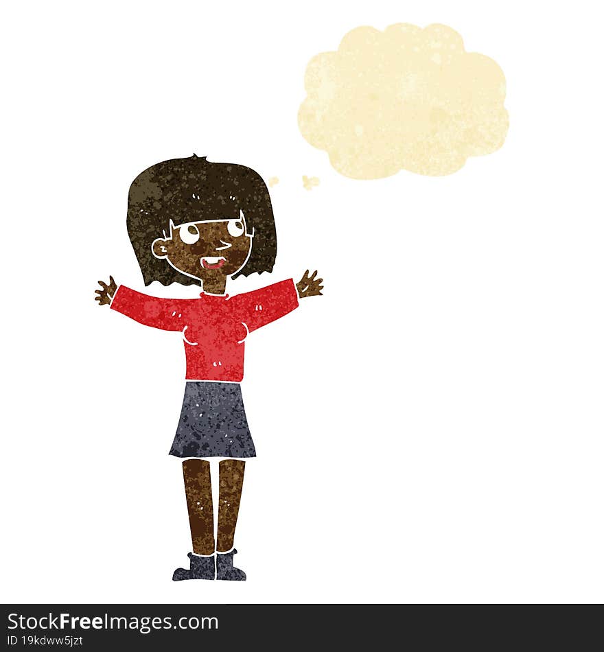 cartoon excited woman with thought bubble