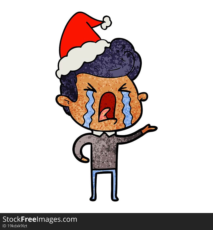 textured cartoon of a crying man wearing santa hat