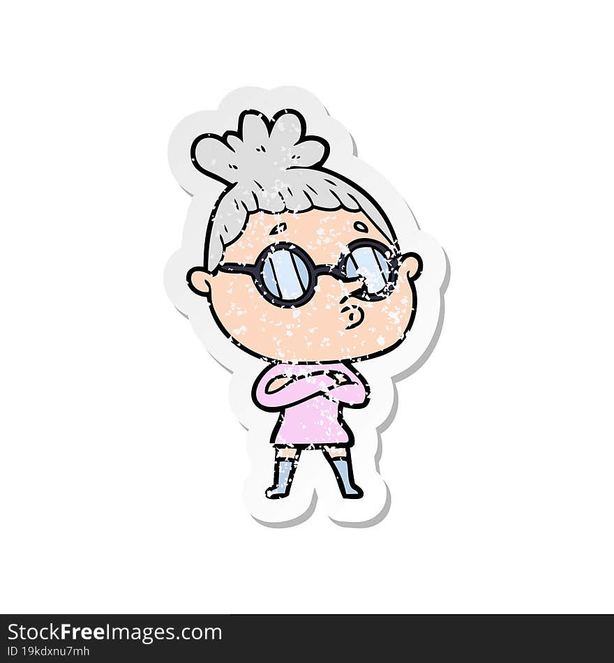 distressed sticker of a cartoon woman wearing glasses