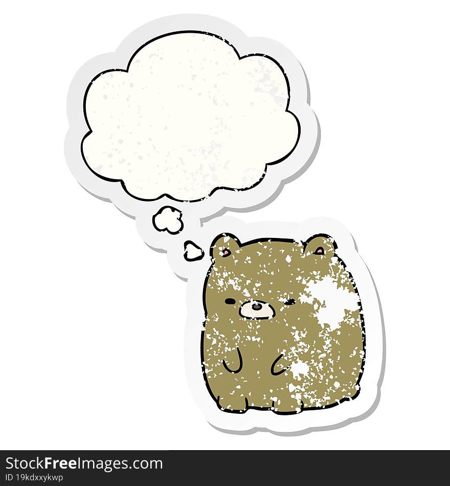 cartoon sad bear and thought bubble as a distressed worn sticker