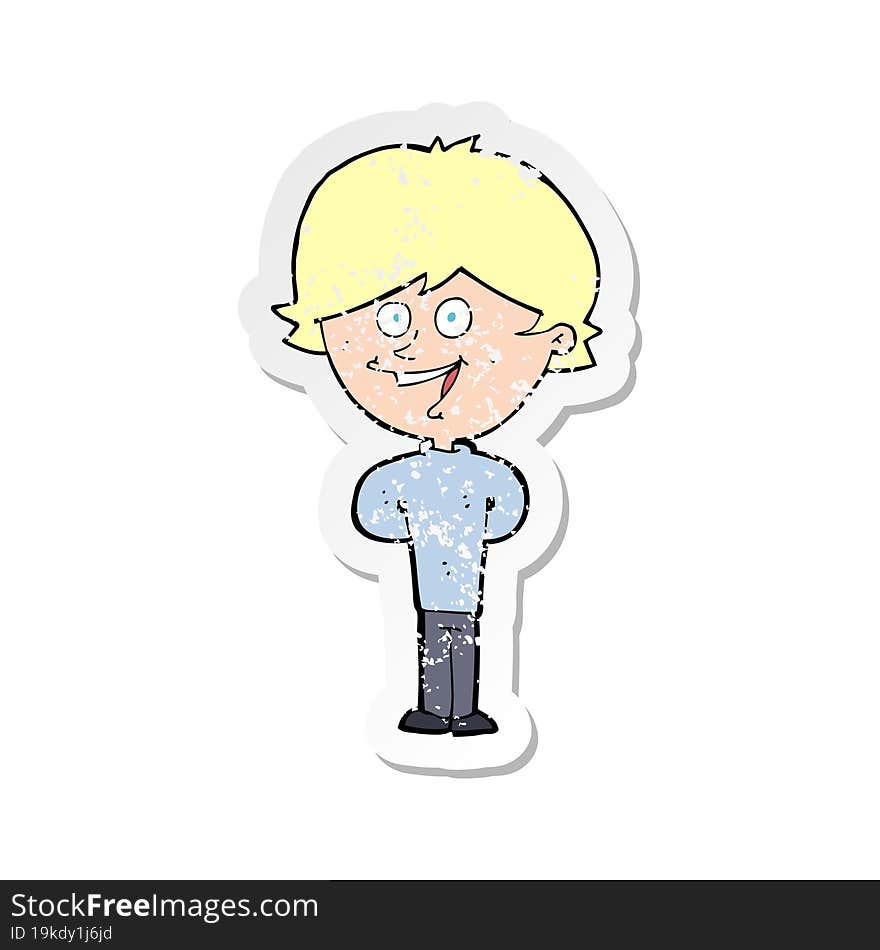 retro distressed sticker of a cartoon happy boy