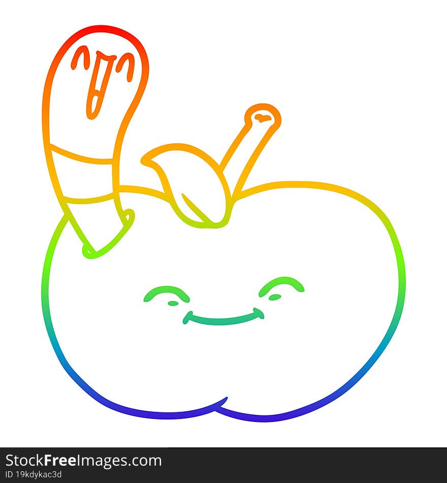 rainbow gradient line drawing of a cartoon happy worm in an apple