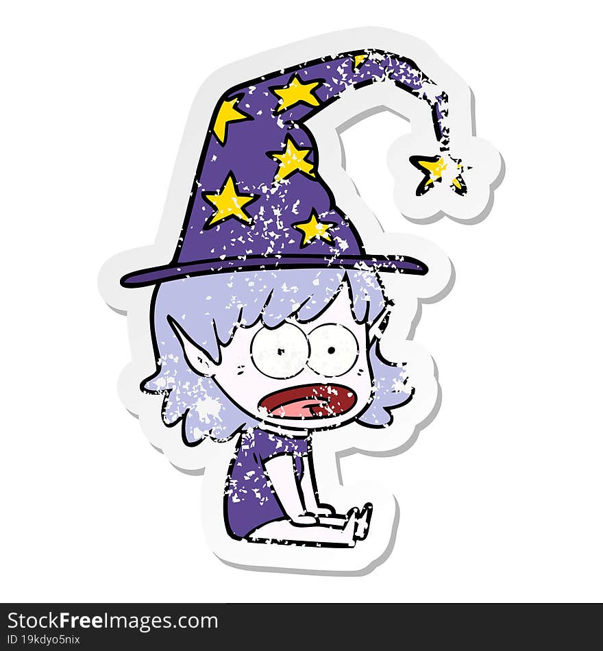 distressed sticker of a funny witch girl cartoon