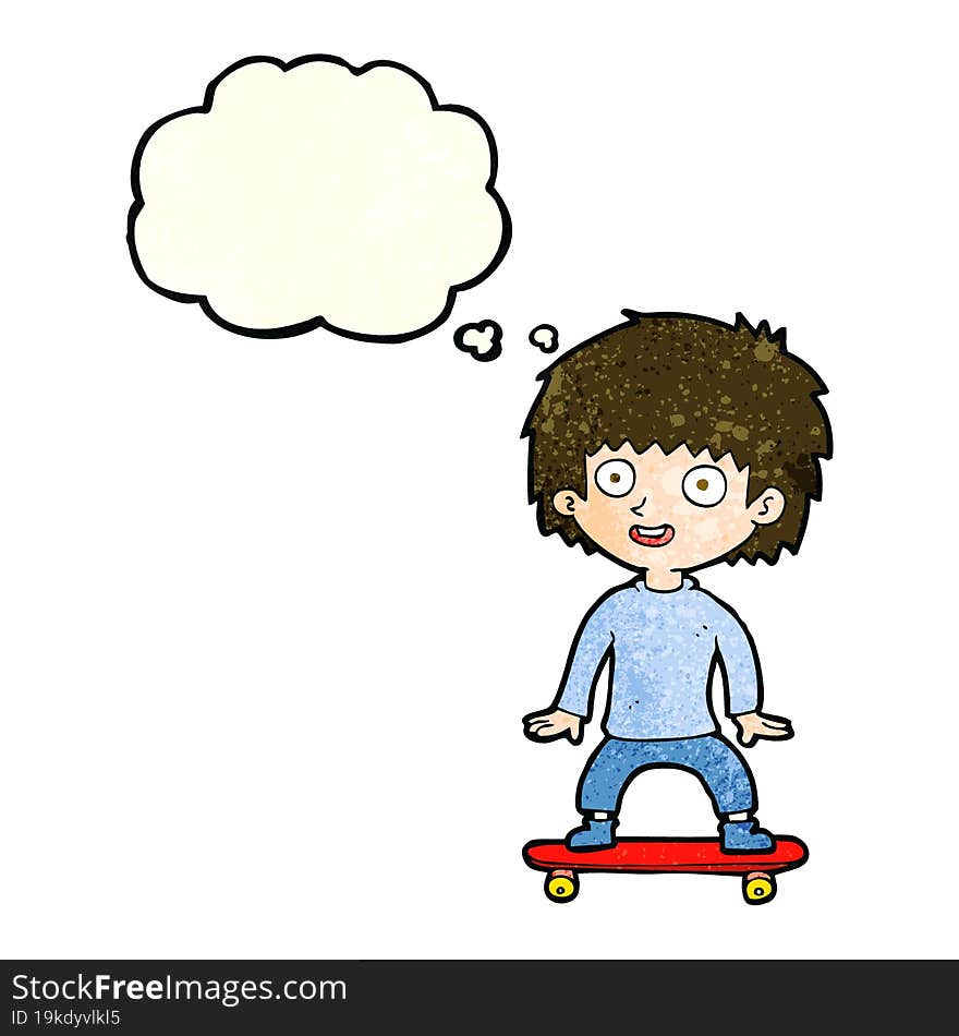 cartoon boy on skateboard with thought bubble