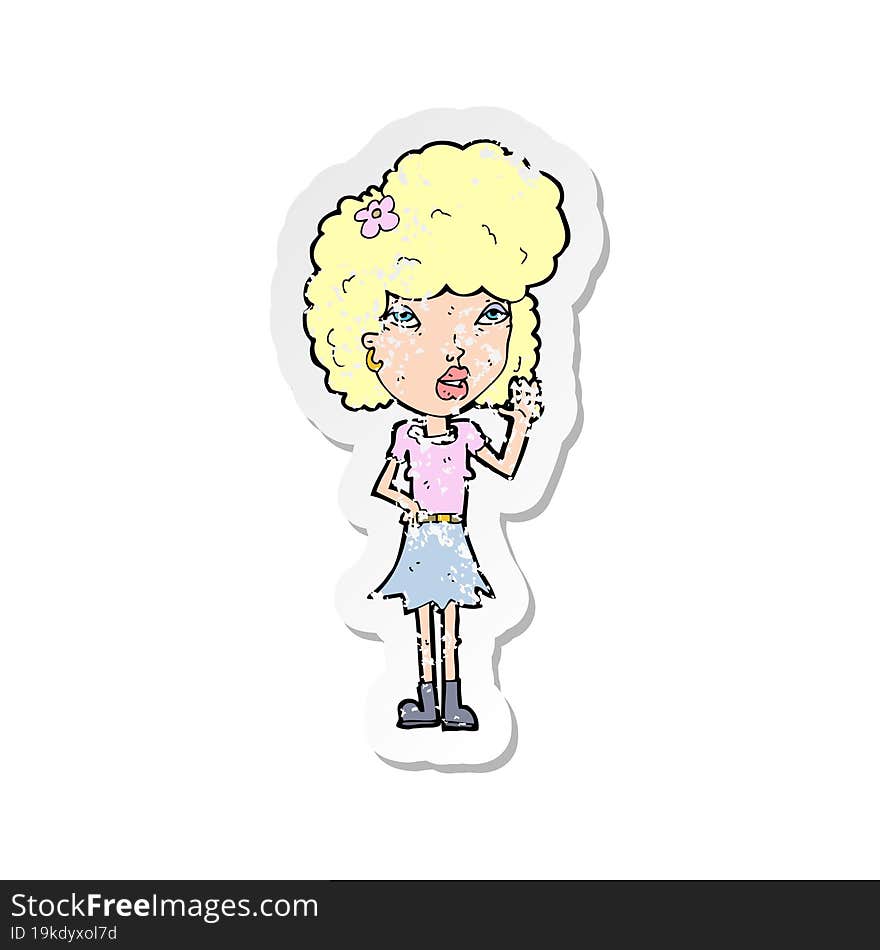 Retro Distressed Sticker Of A Cartoon Woman Waving