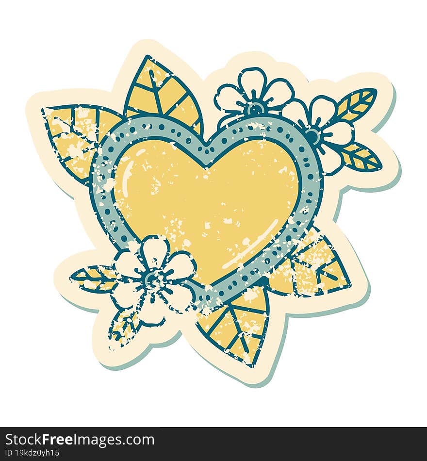 iconic distressed sticker tattoo style image of a botanical heart. iconic distressed sticker tattoo style image of a botanical heart