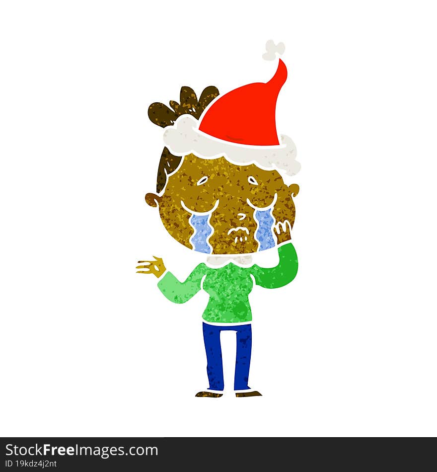 retro cartoon of a crying woman wearing santa hat