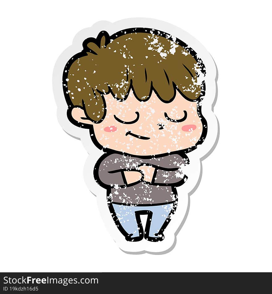 distressed sticker of a happy cartoon boy