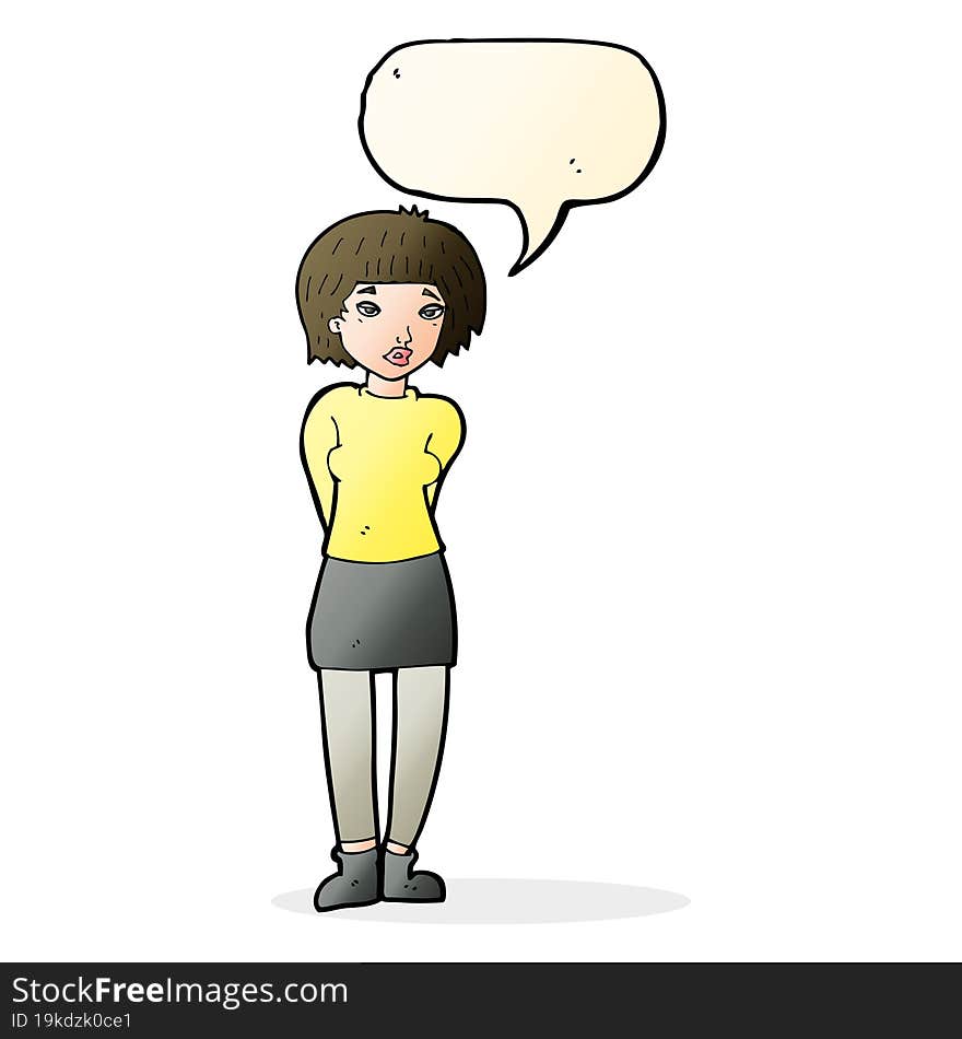 cartoon shy woman with speech bubble