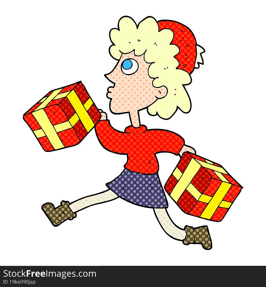 freehand drawn cartoon running woman with presents