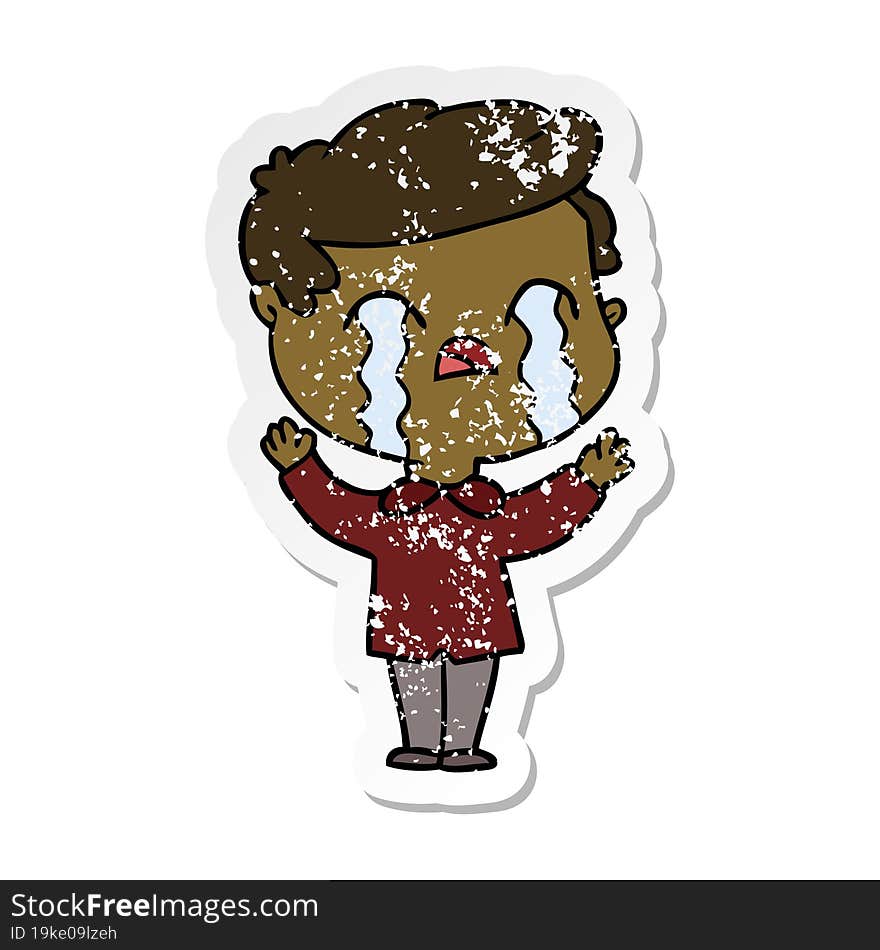 distressed sticker of a cartoon man crying