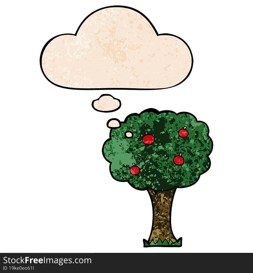 cartoon apple tree and thought bubble in grunge texture pattern style