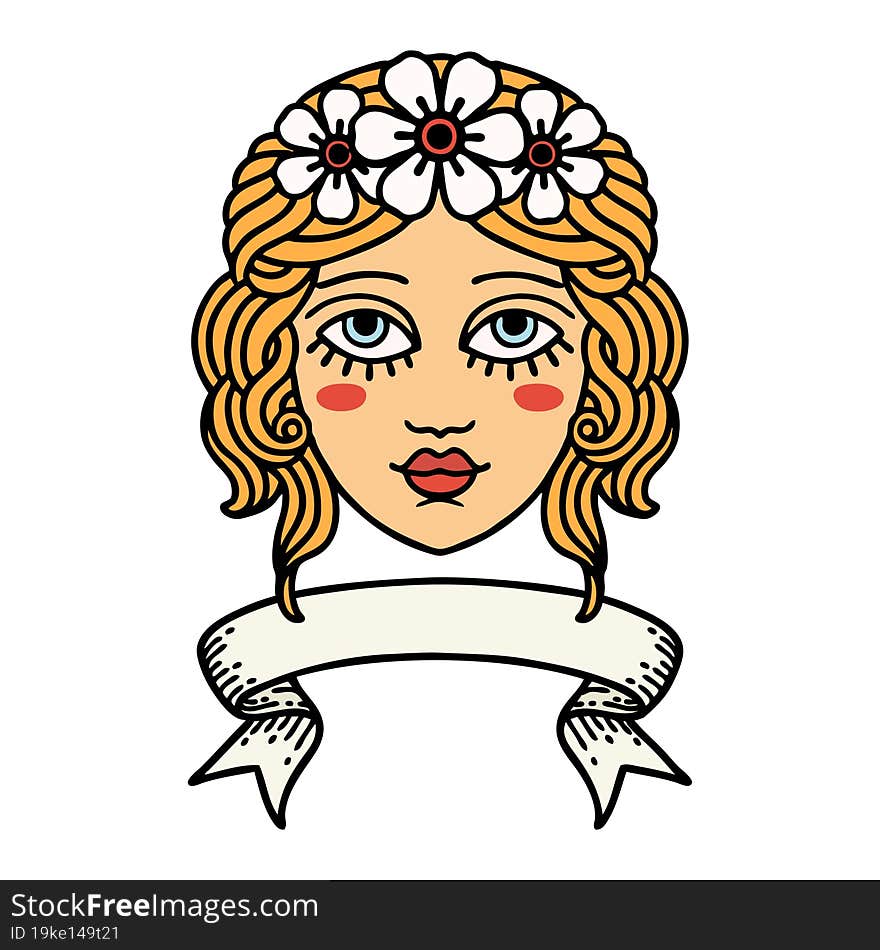 tattoo with banner of female face with crown of flowers