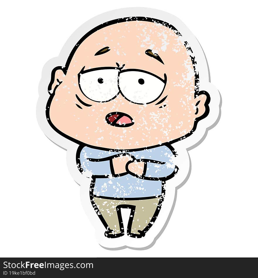 distressed sticker of a cartoon tired bald man