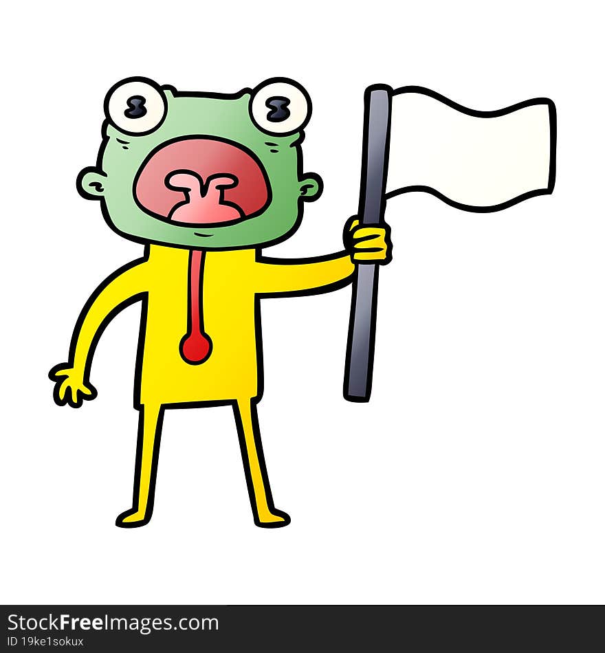 cartoon weird alien with flag. cartoon weird alien with flag