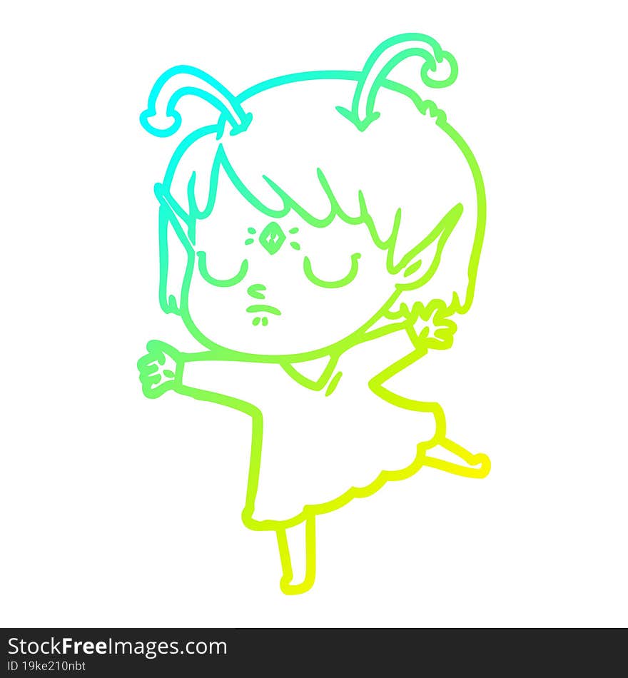 cold gradient line drawing of a cartoon alien girl