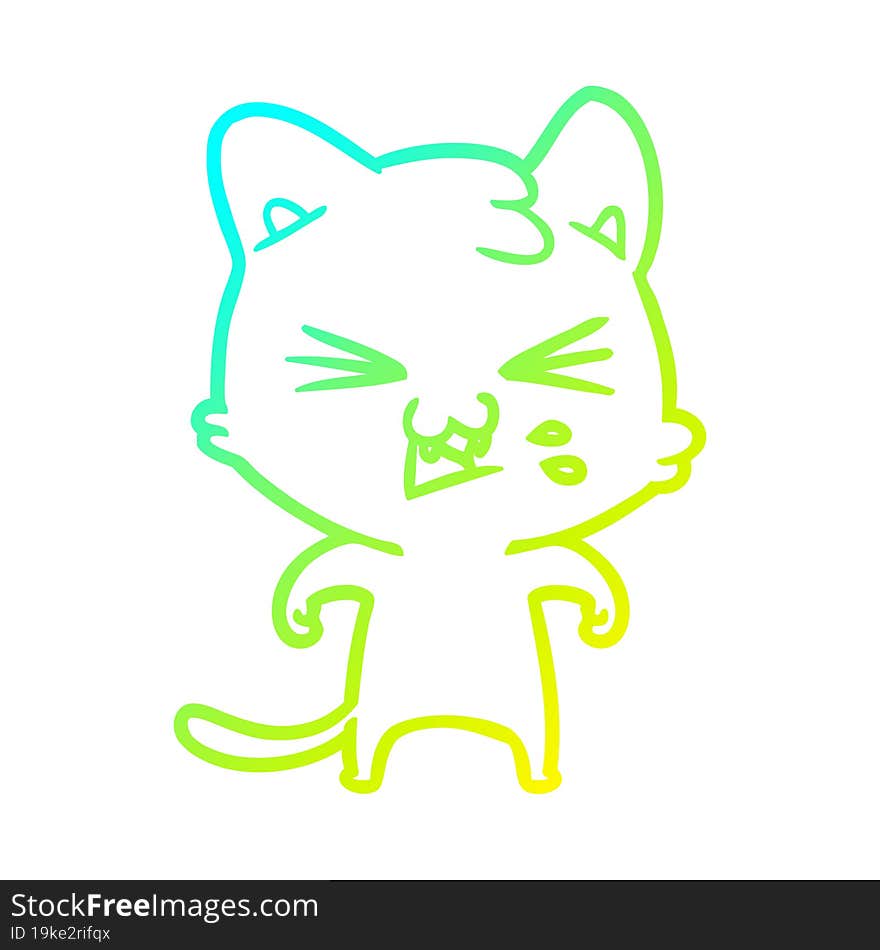 cold gradient line drawing of a cartoon cat hissing