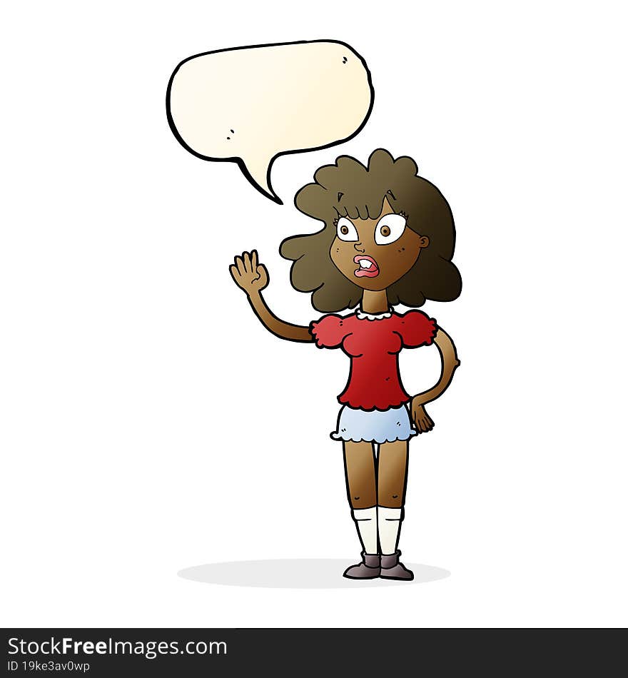 cartoon worried woman waving with speech bubble