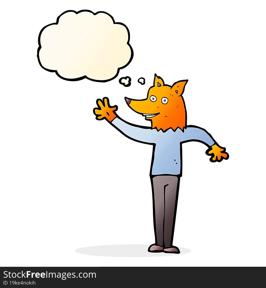 cartoon waving fox man with thought bubble