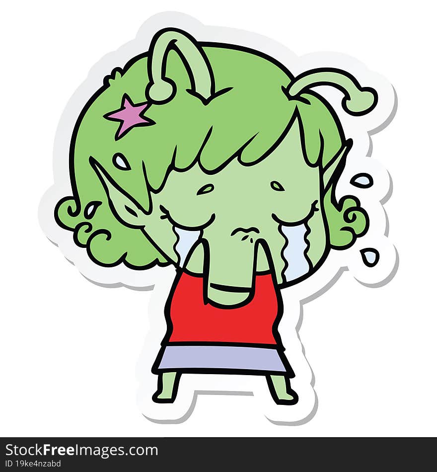 Sticker Of A Cartoon Crying Alien Girl