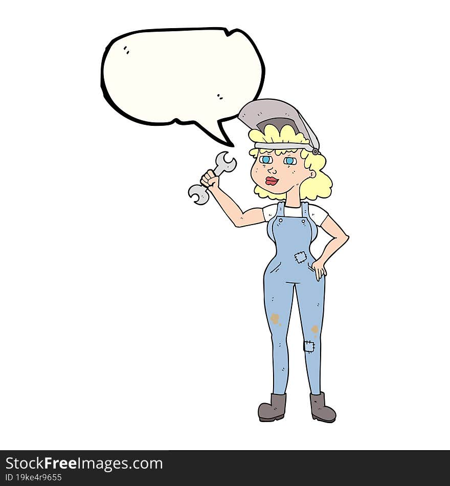 freehand drawn speech bubble cartoon woman with spanner