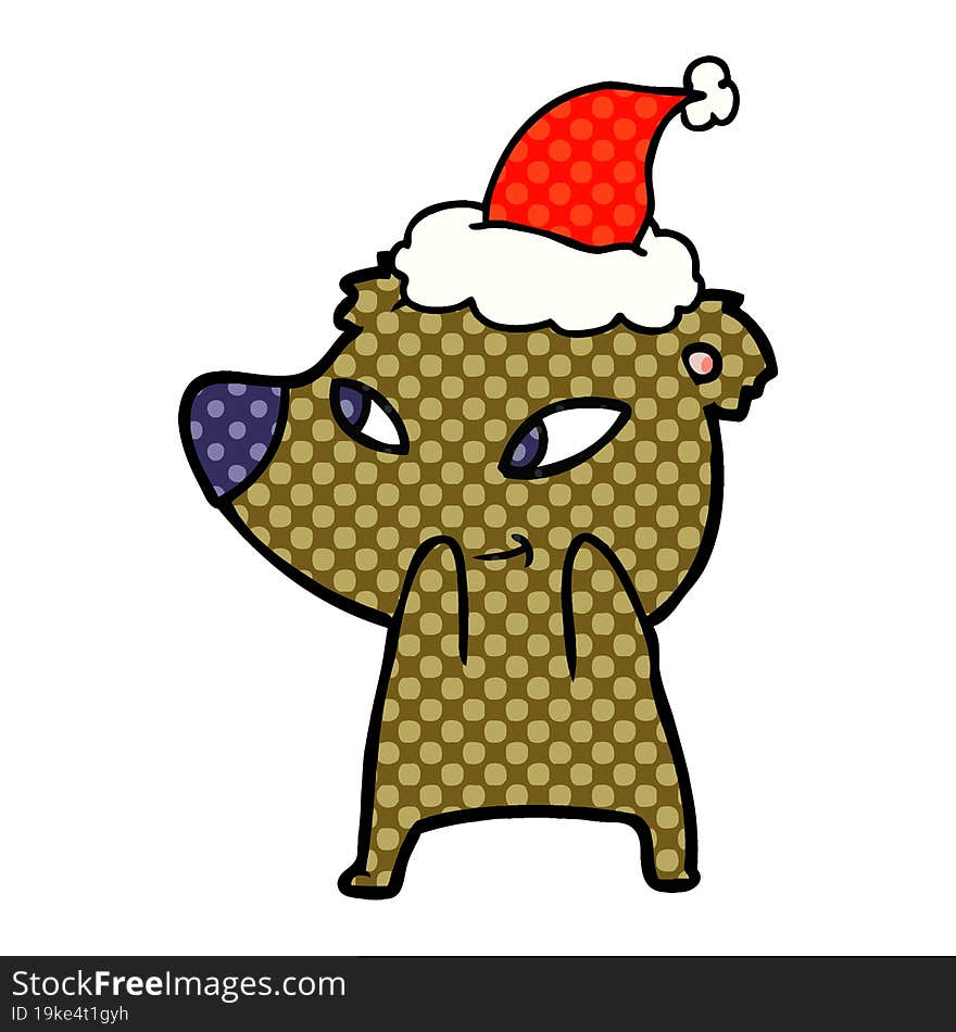 cute comic book style illustration of a bear wearing santa hat