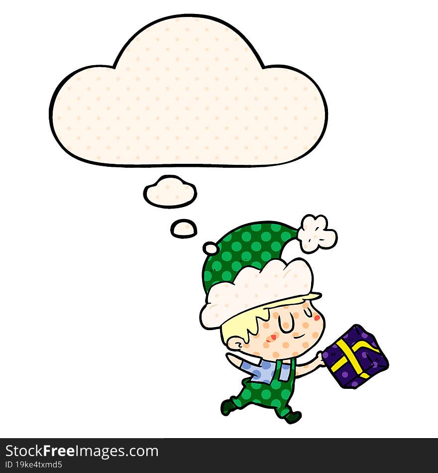 cartoon happy christmas elf with thought bubble in comic book style