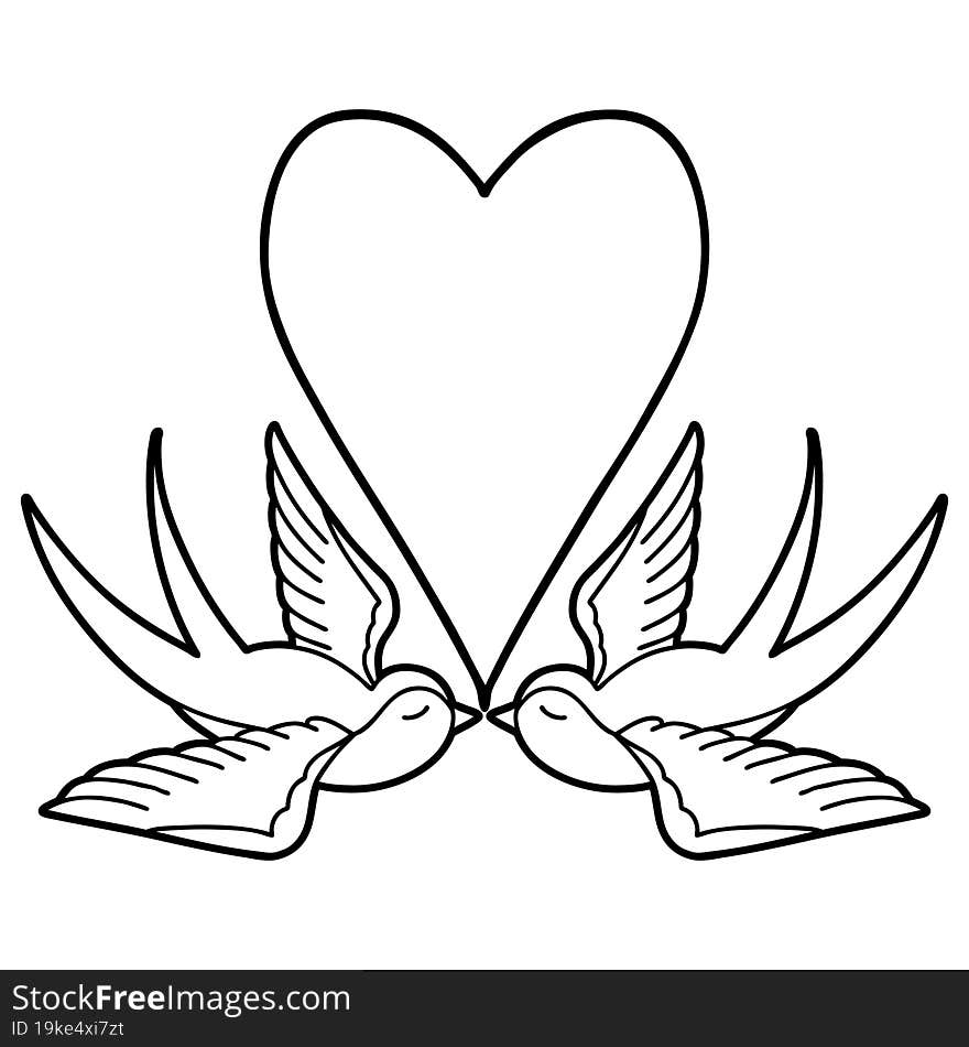 black line tattoo of a swallows and a heart